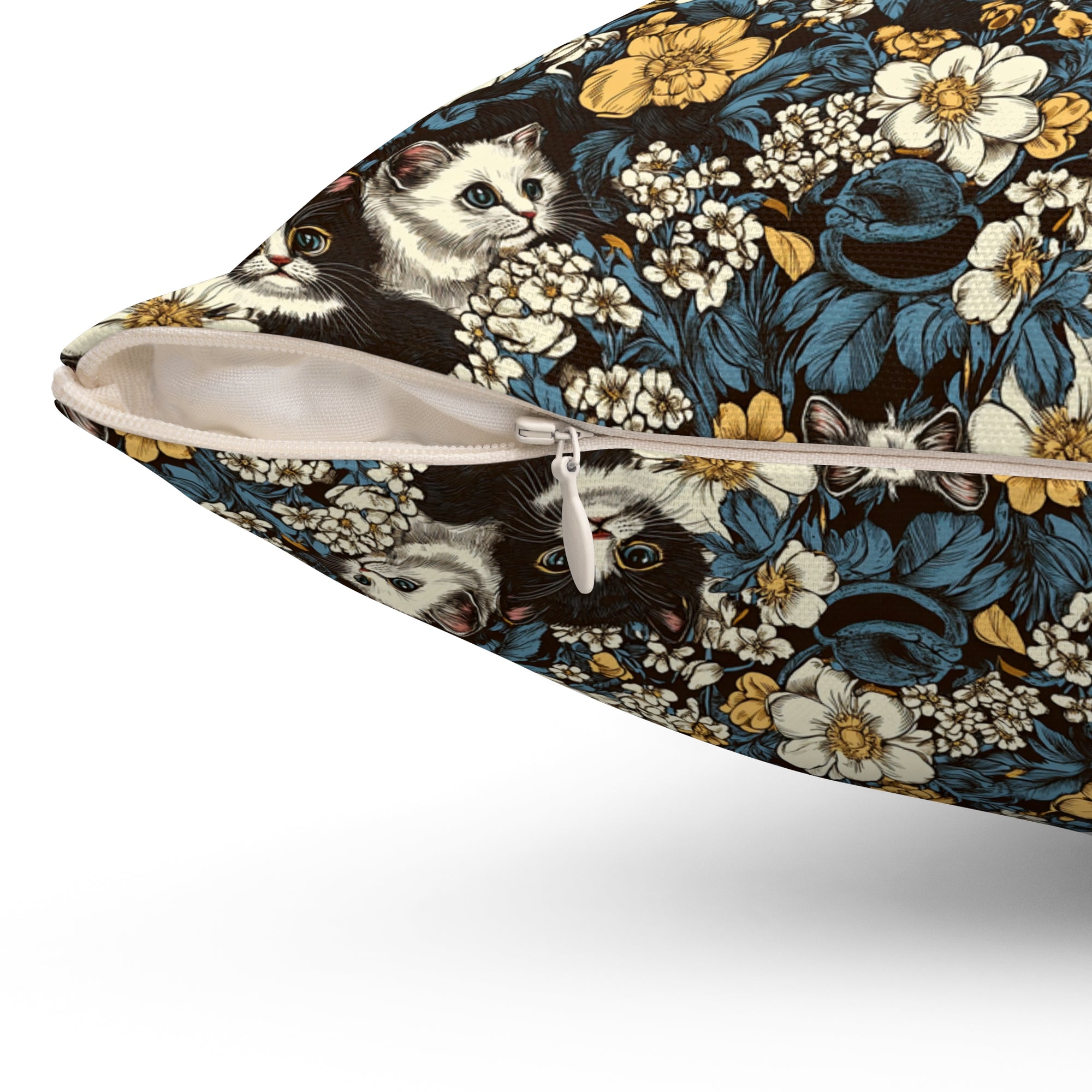 Indoor Square Pillow - Black and White Kittens with Yellow and White Flowers, Dark Blue Leaves, Vintage Charm