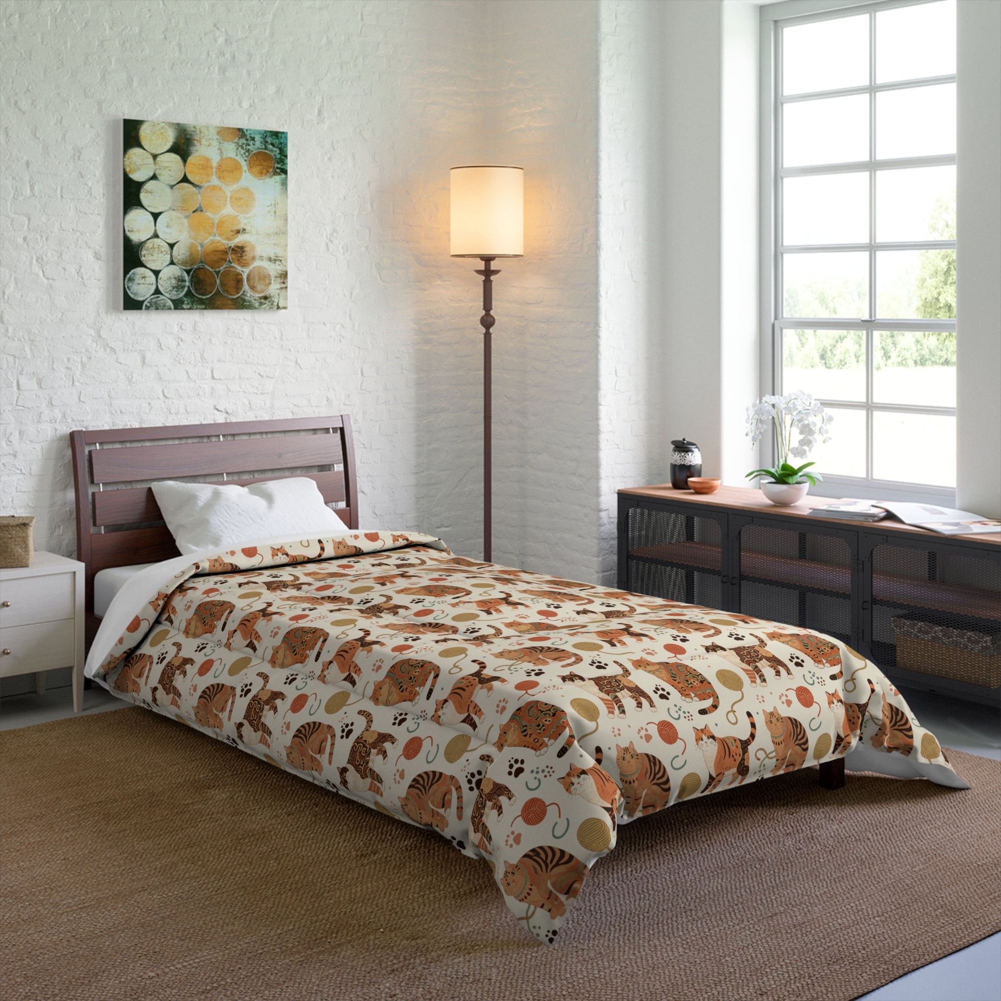 Comforter - Artistic patterned cats in warm earth tones, unique tribal and folk art designs, playful felines with yarn and paw prints, bohemian animal print, cream background, creative cat art