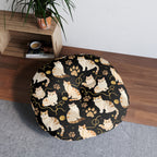 Indoor Round Floor Pillow - Elegant felines and sparkling gold yarn on black, adorable cats with golden paw prints, sophisticated pet motif, charming animal pattern, cozy and warm artistic illustration