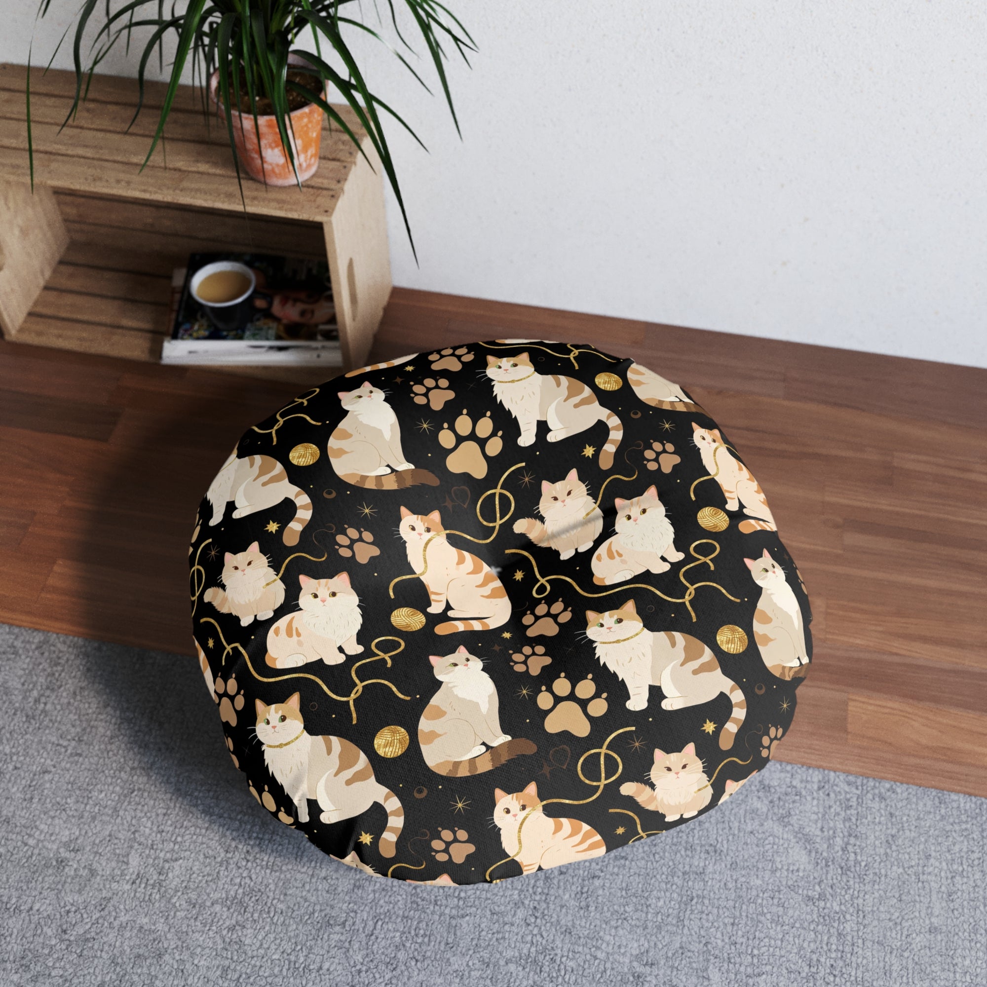 Indoor Round Floor Pillow - Charming cats and golden yarn playful design, cute kittens with paw prints, whimsical animal art for cat lovers, dark blue background, delightful pet themed illustration