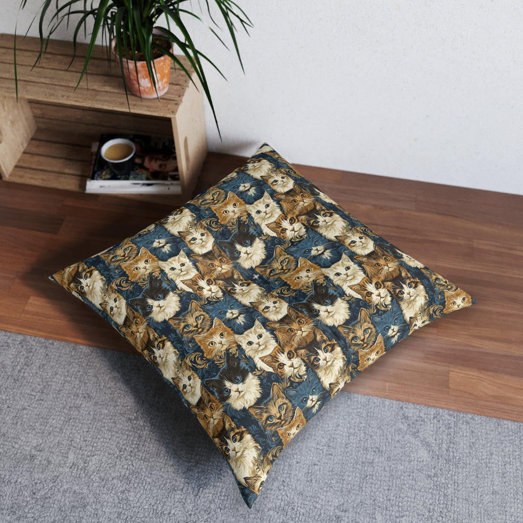 Indoor Square Floor Pillow - Blue Eyed Cats with Brown and White Fur on a Deep Blue Damask Background