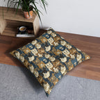 Indoor Square Floor Pillow - Blue Eyed Cats with Brown and White Fur on a Deep Blue Damask Background