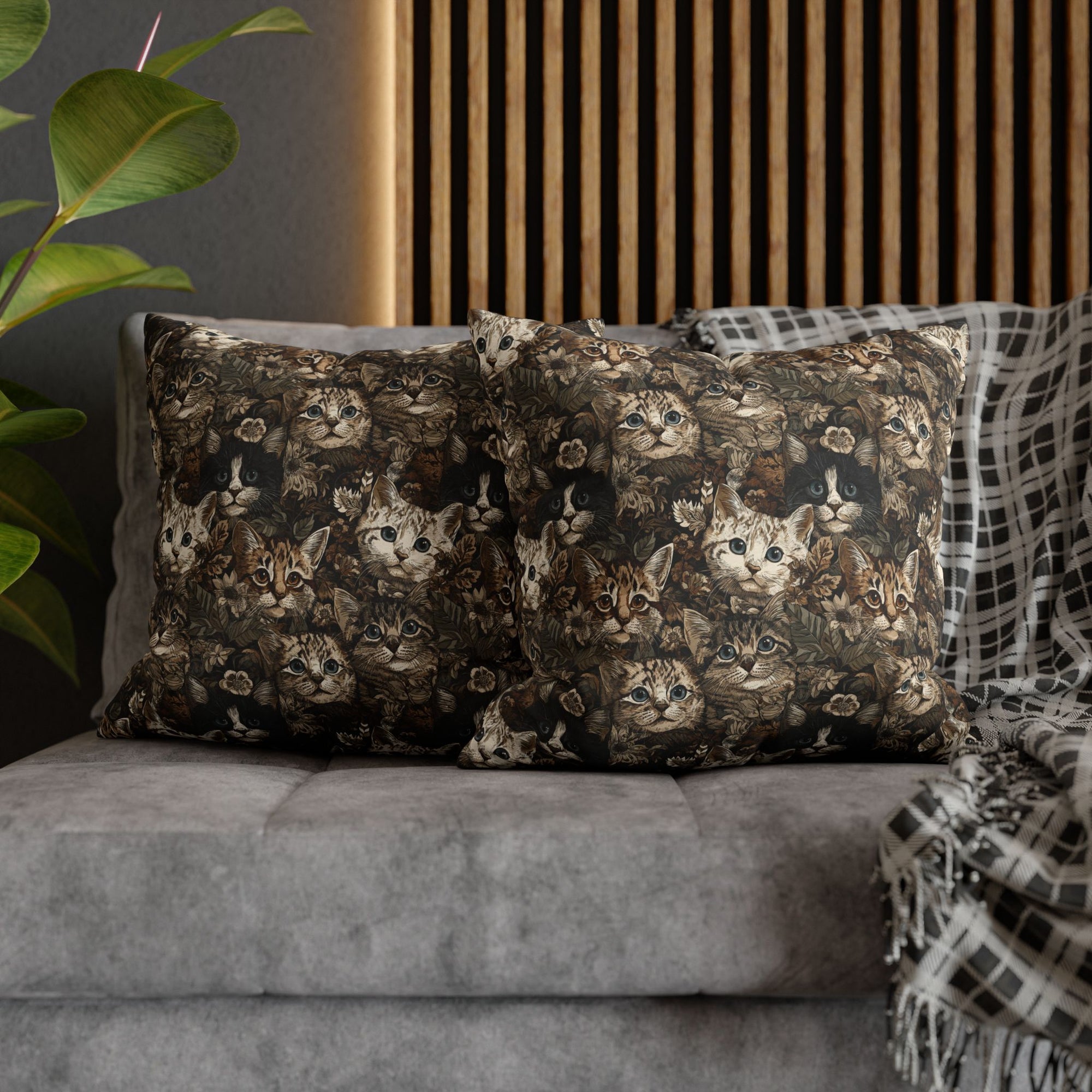 Square Pillowcase - An intricate and detailed vintage illustration featuring a close-up of various fluffy cats with bright eyes amidst lush, ornate floral foliage in sepia tones.