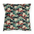 Outdoor Pillow - A dramatic and powerful Japanese woodblock print-style illustration of cats amidst powerful waves, red flowers, and white cherry blossoms.