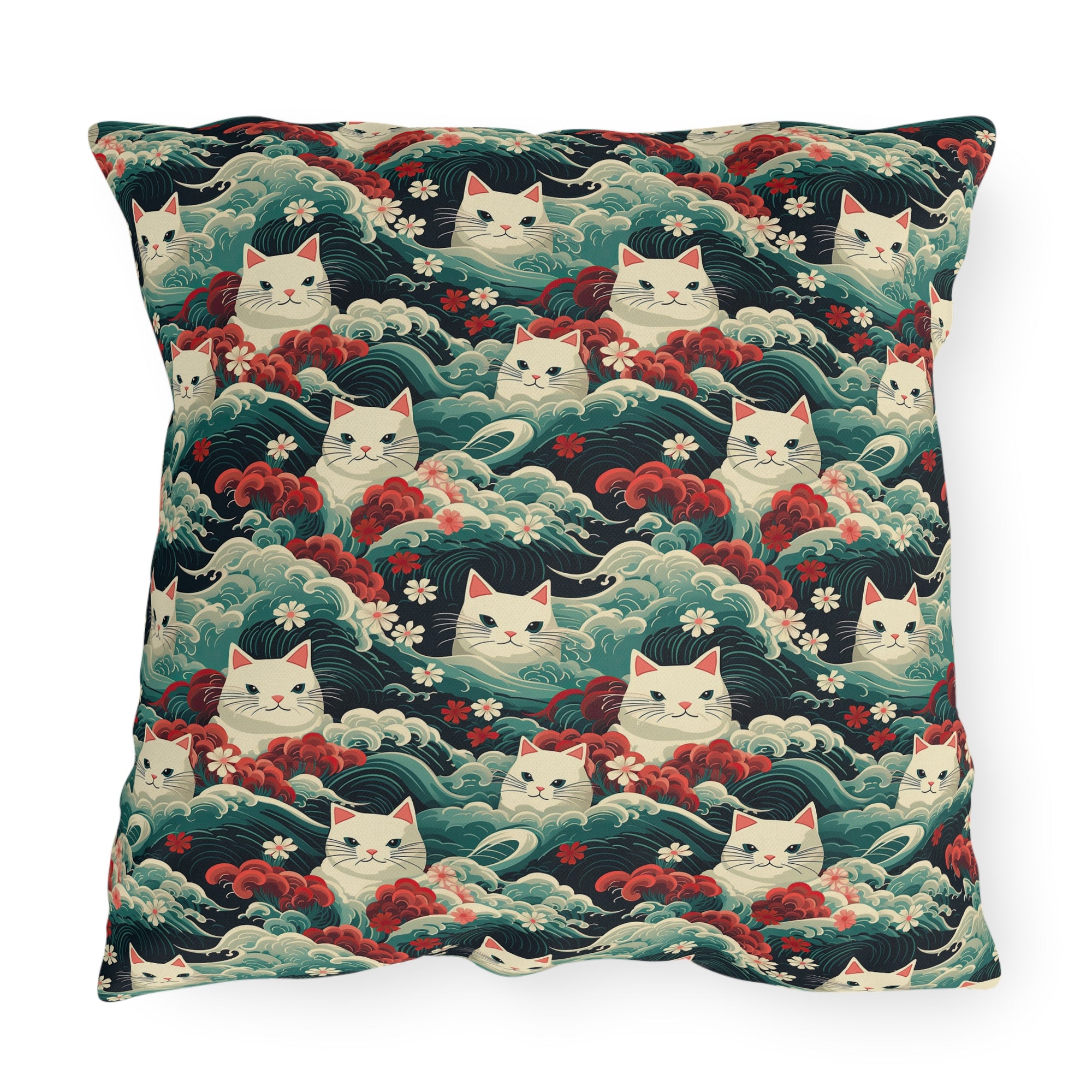 Outdoor Pillow - A dramatic and powerful Japanese woodblock print-style illustration of cats amidst powerful waves, red flowers, and white cherry blossoms.