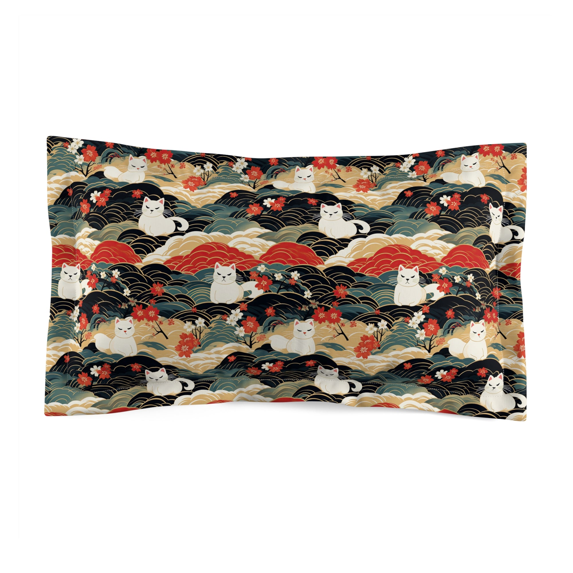 Pillow Sham - A beautiful, Japanese-inspired illustration of tranquil white cats resting on rolling clouds with vibrant red and white cherry blossoms.