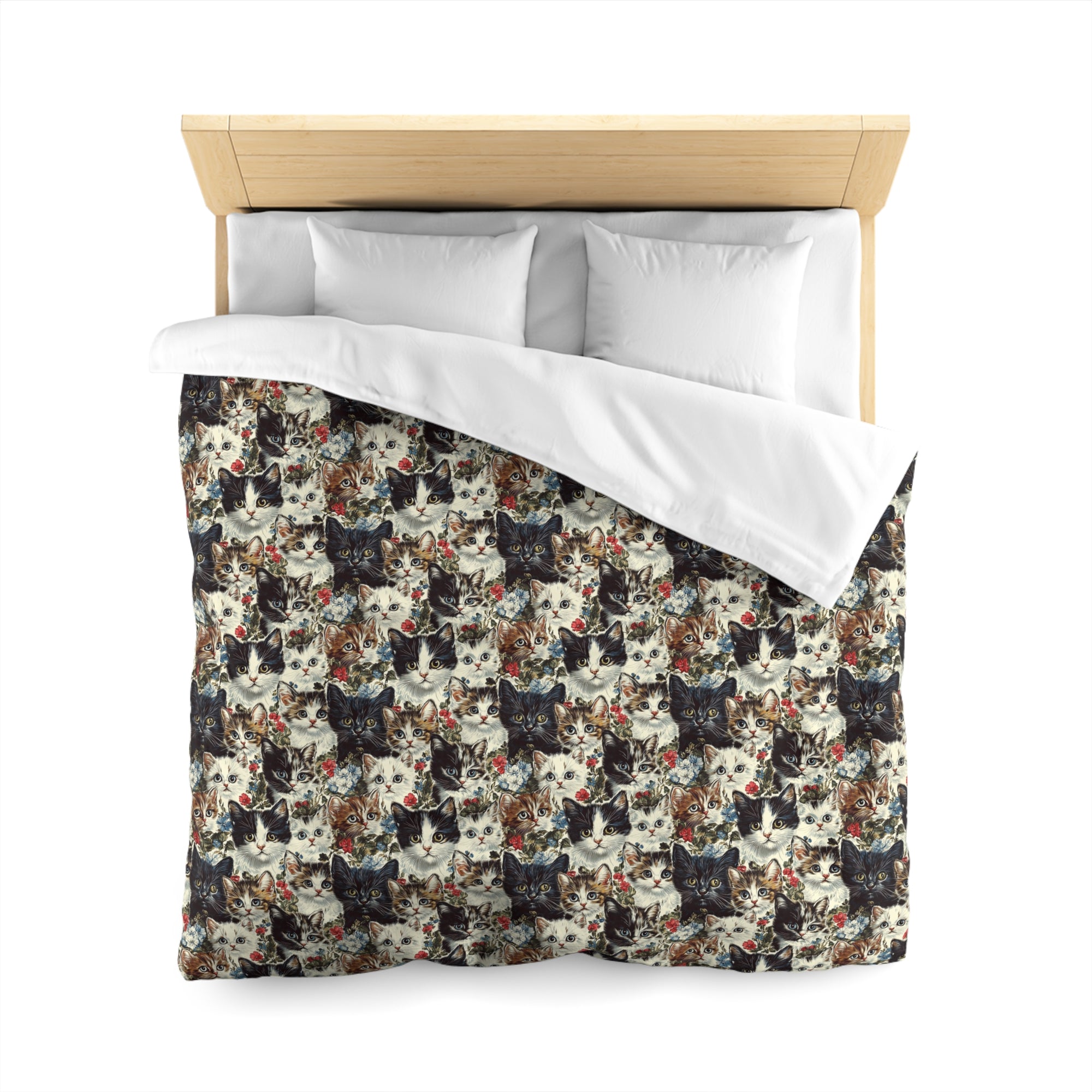 Duvet Cover - Colorful Kitten Faces with Red and Blue Flowers, Whimsical and Bright, Pattern Design