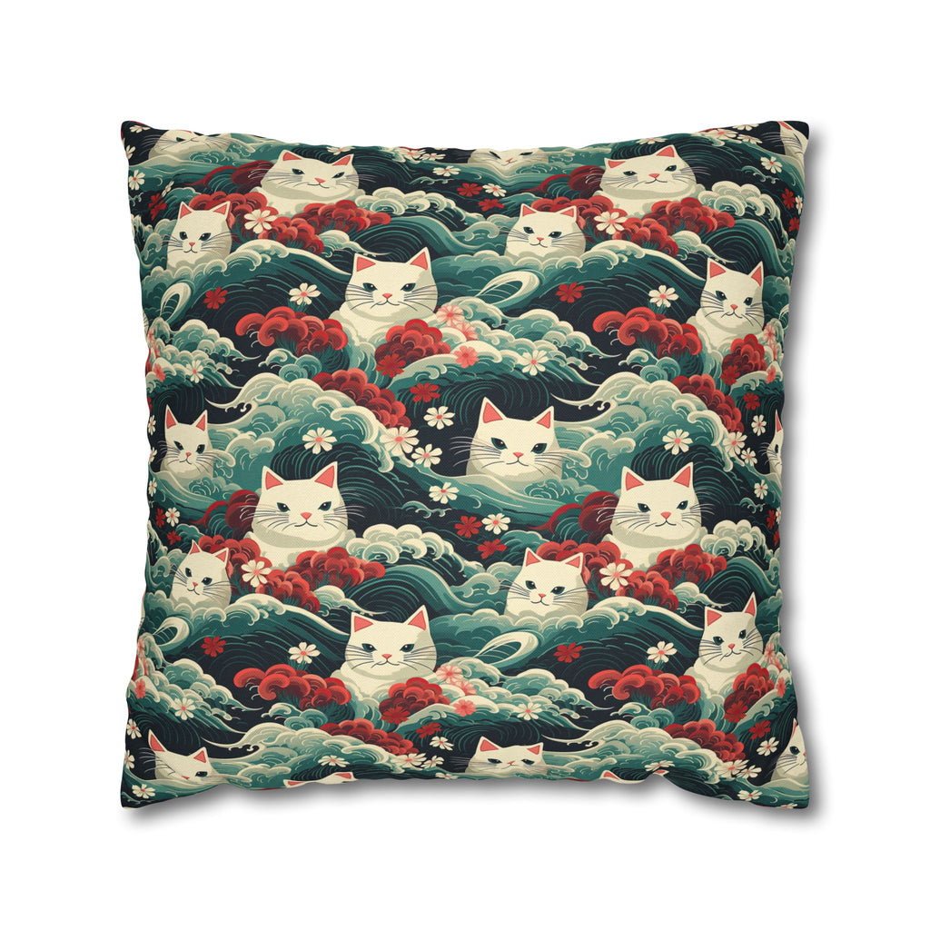 Square Pillowcase - A dramatic and powerful Japanese woodblock print-style illustration of cats amidst powerful waves, red flowers, and white cherry blossoms.