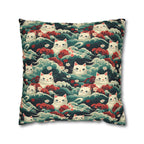 Square Pillowcase - A dramatic and powerful Japanese woodblock print-style illustration of cats amidst powerful waves, red flowers, and white cherry blossoms.