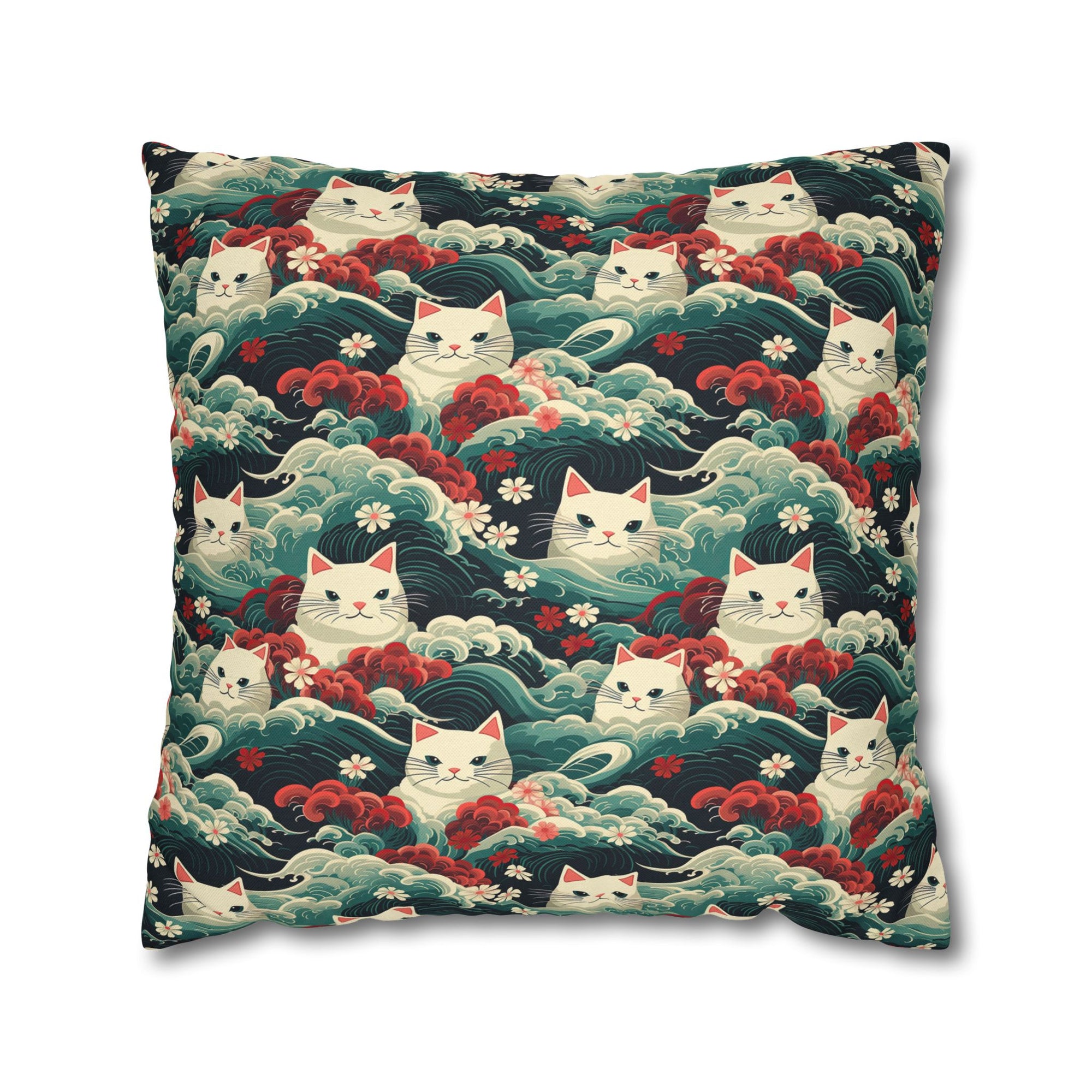 Square Pillowcase - A dramatic and powerful Japanese woodblock print-style illustration of cats amidst powerful waves, red flowers, and white cherry blossoms.