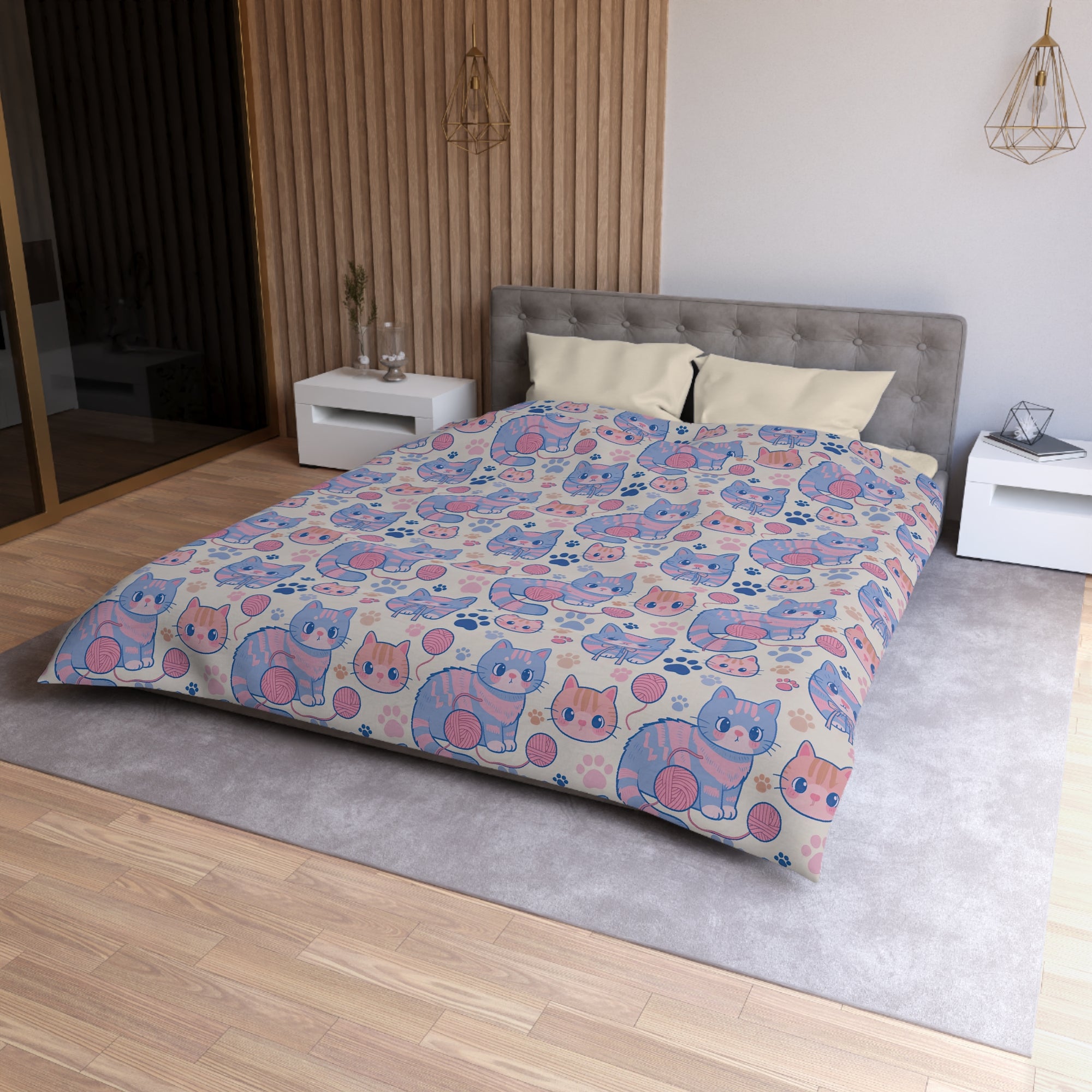 Duvet Cover - Sweet pastel blue and pink cartoon cats, cute kawaii style kittens with yarn and paw prints, charming and playful animal design, light cream background, delightful pet pattern