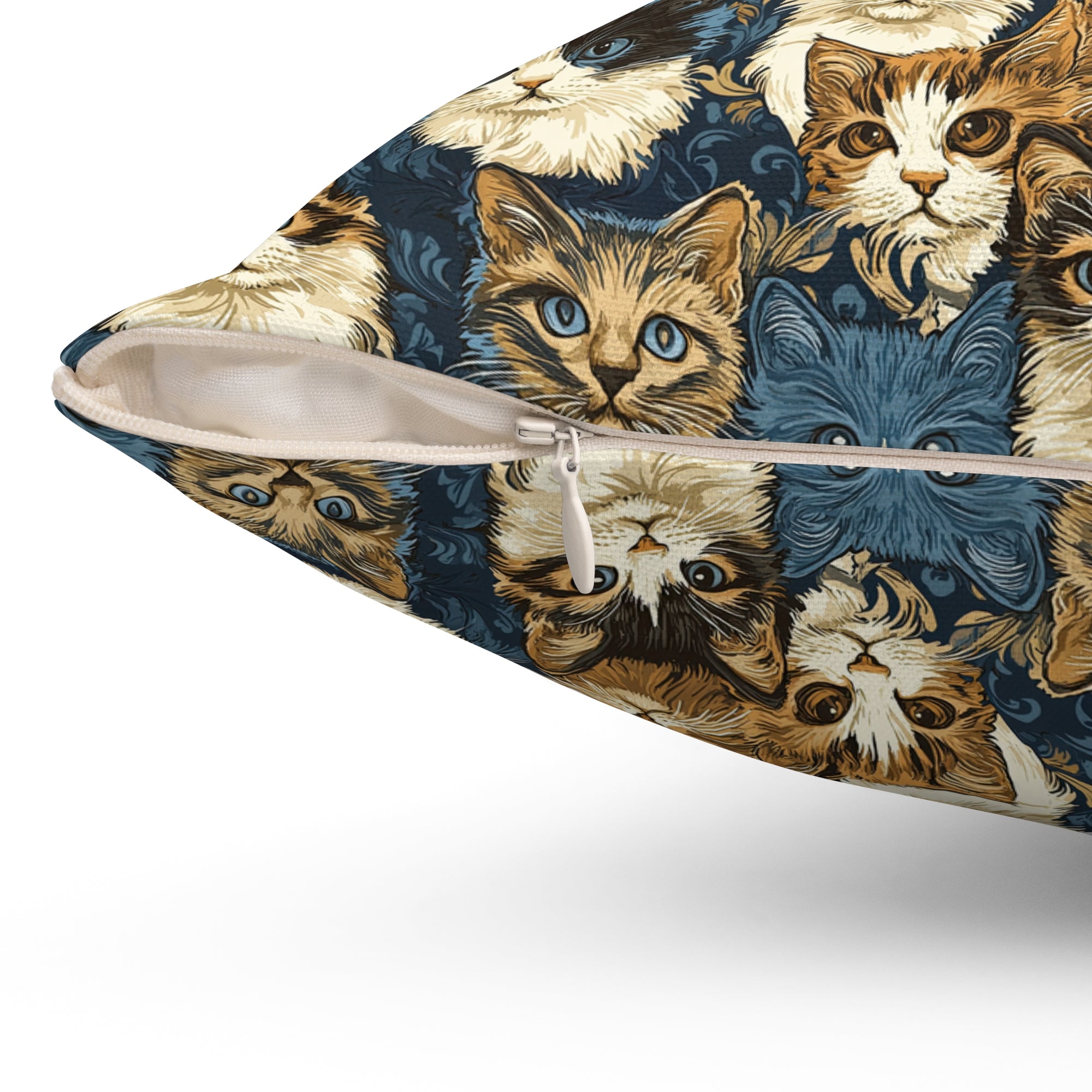 Indoor Square Pillow - Blue Eyed Cats with Brown and White Fur on a Deep Blue Damask Background