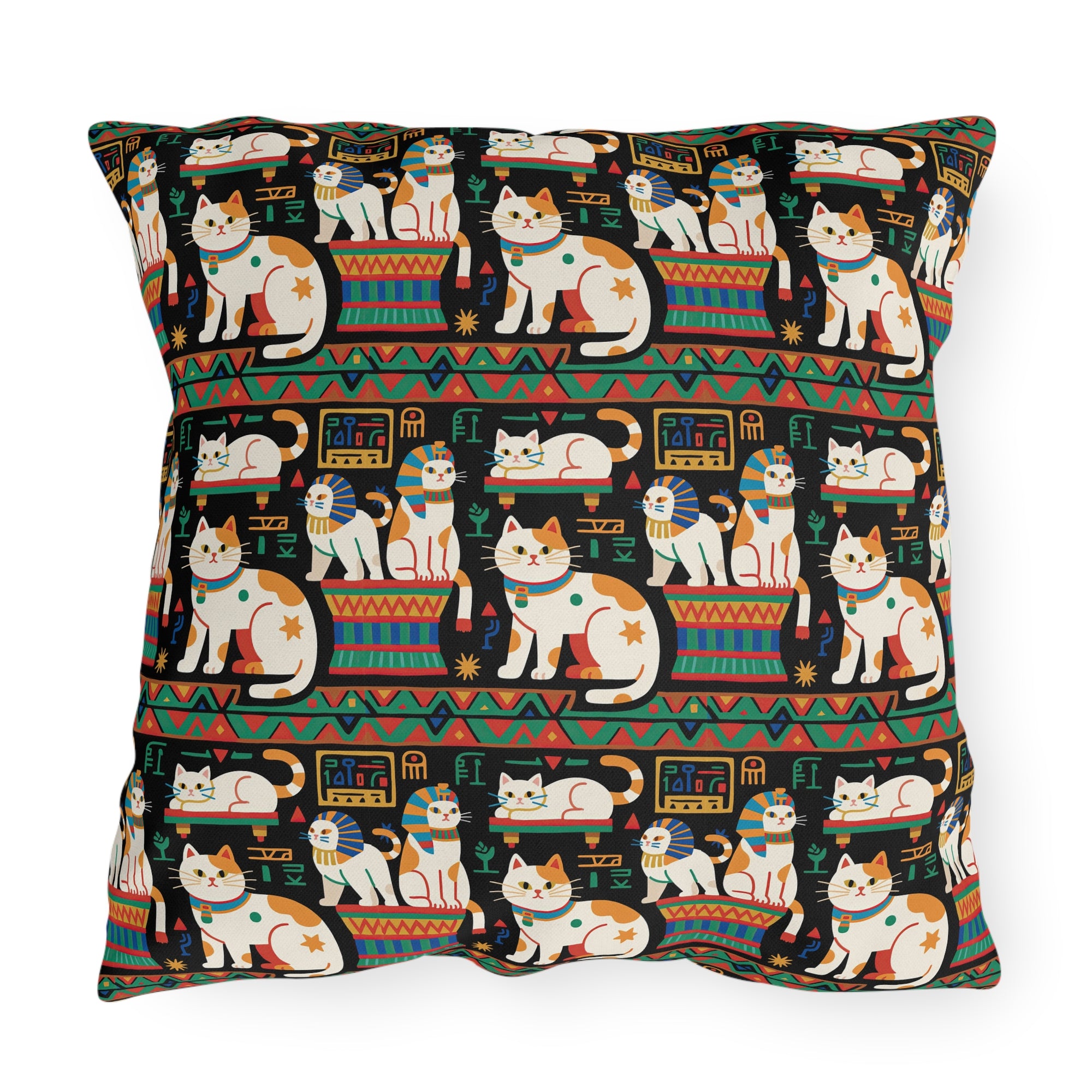 Outdoor Pillow - Ancient Egyptian Felines with Hieroglyphs and Colorful Borders Adorn this Playful and Culturally Rich Cat Pattern