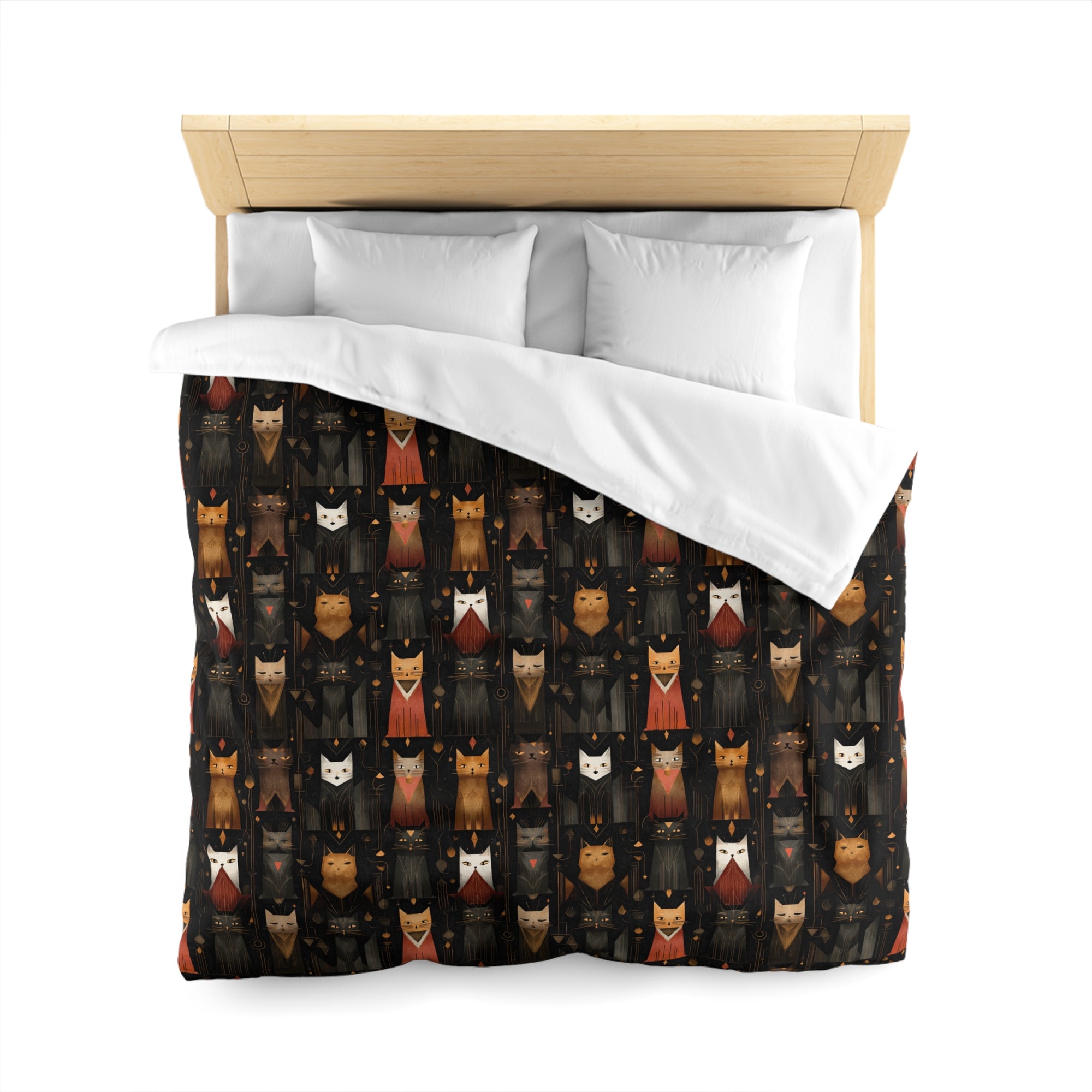 Duvet Cover - A striking and sophisticated Art Deco-style pattern of felines with bold, intricate lines and dramatic geometric shapes, all rendered in a unique gold and gray color palette.