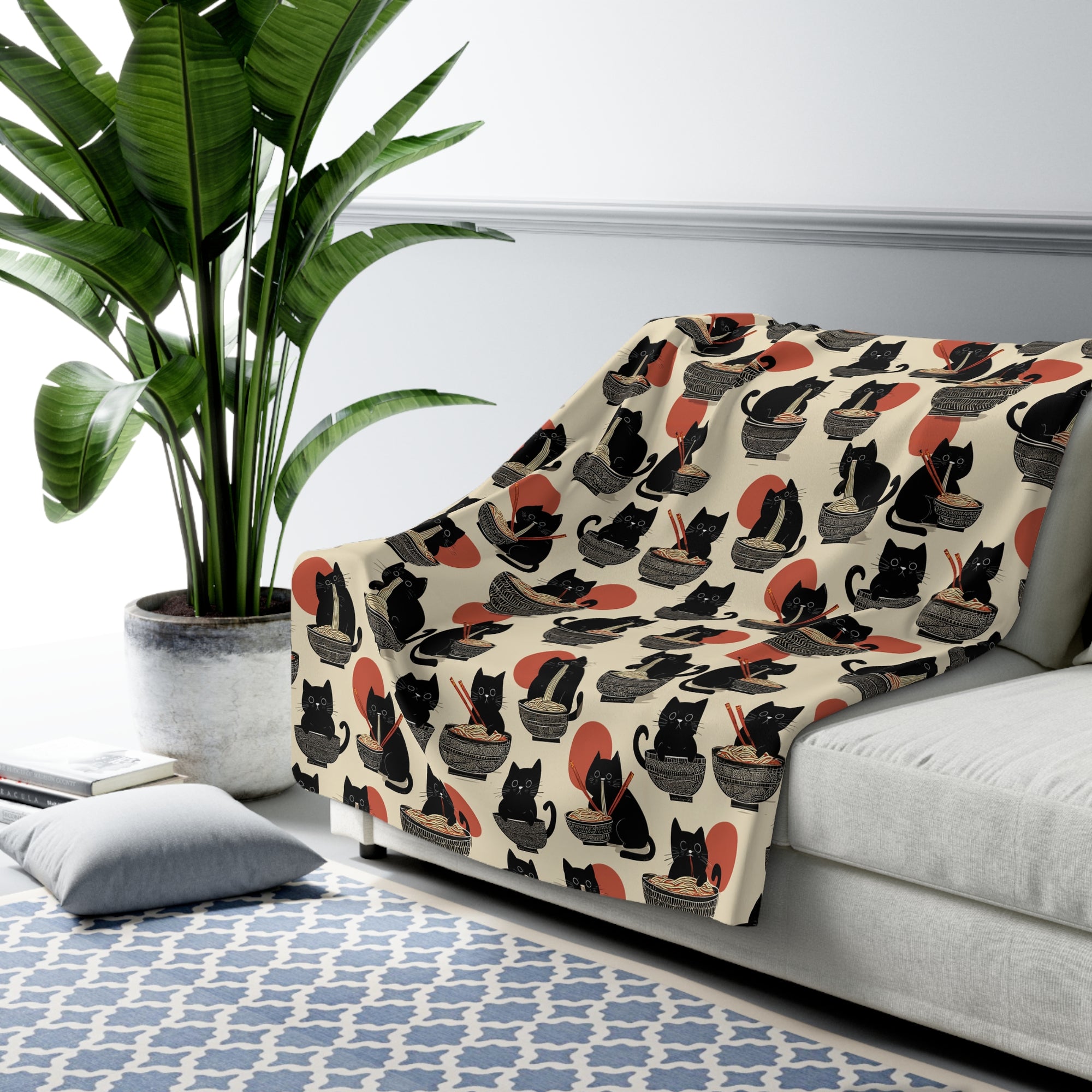 Sherpa Blanket - A whimsical and delightful hand-drawn style pattern of adorable black cats eating bowls of delicious ramen noodles with a large red sun in the background.