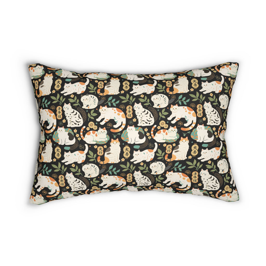 Indoor Lumbar Pillow - Traditional Japanese Maneki-Neko Cats and Auspicious Symbols Grace a Dark Background in this Fortunate Pattern
