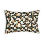 Indoor Lumbar Pillow - Traditional Japanese Maneki-Neko Cats and Auspicious Symbols Grace a Dark Background in this Fortunate Pattern