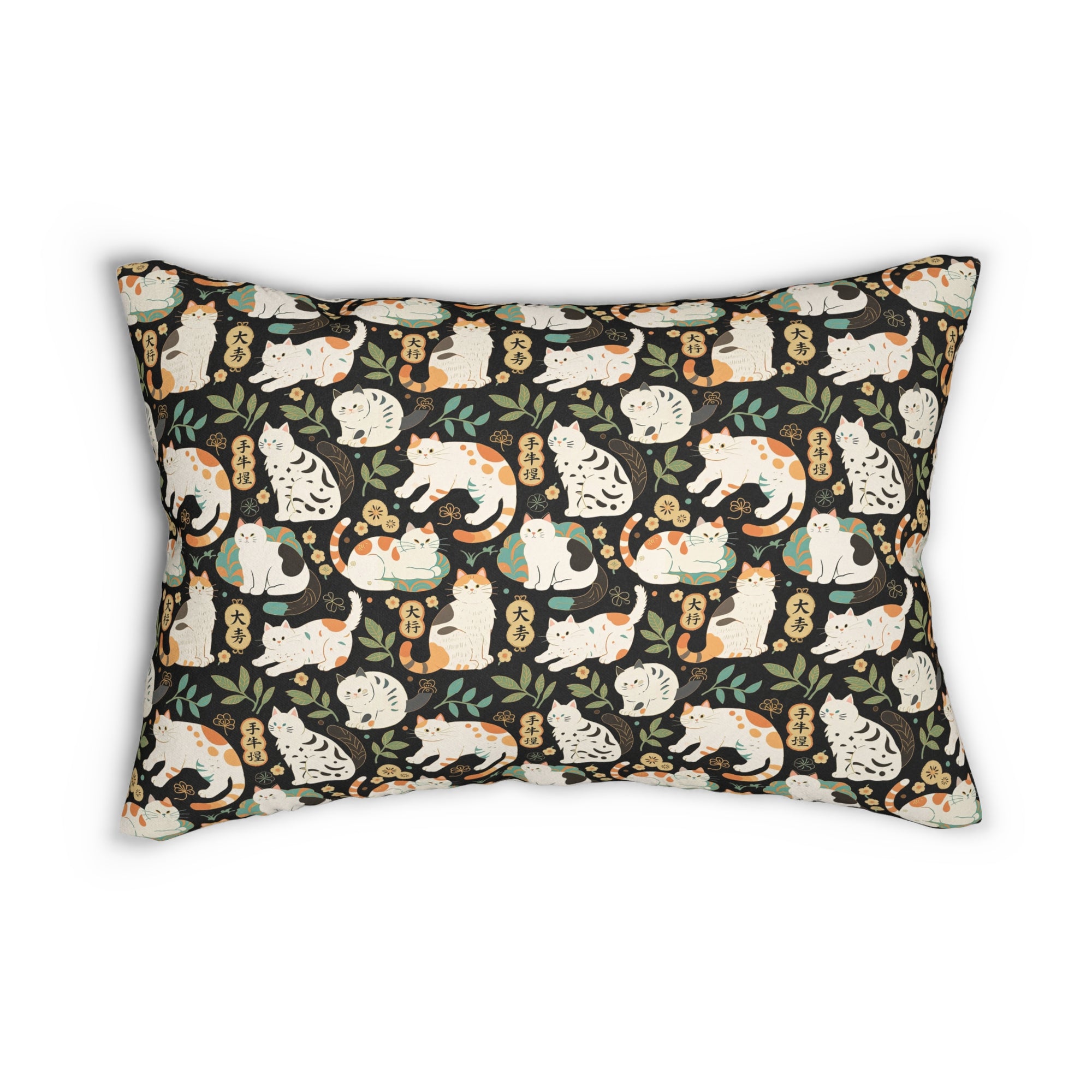 Indoor Lumbar Pillow - Traditional Japanese Maneki-Neko Cats and Auspicious Symbols Grace a Dark Background in this Fortunate Pattern