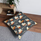 Indoor Square Floor Pillow - An adorable and cute pattern of baby cats happily eating steaming ramen noodles from traditional red and white bowls with beautiful white floral elements surrounding them.