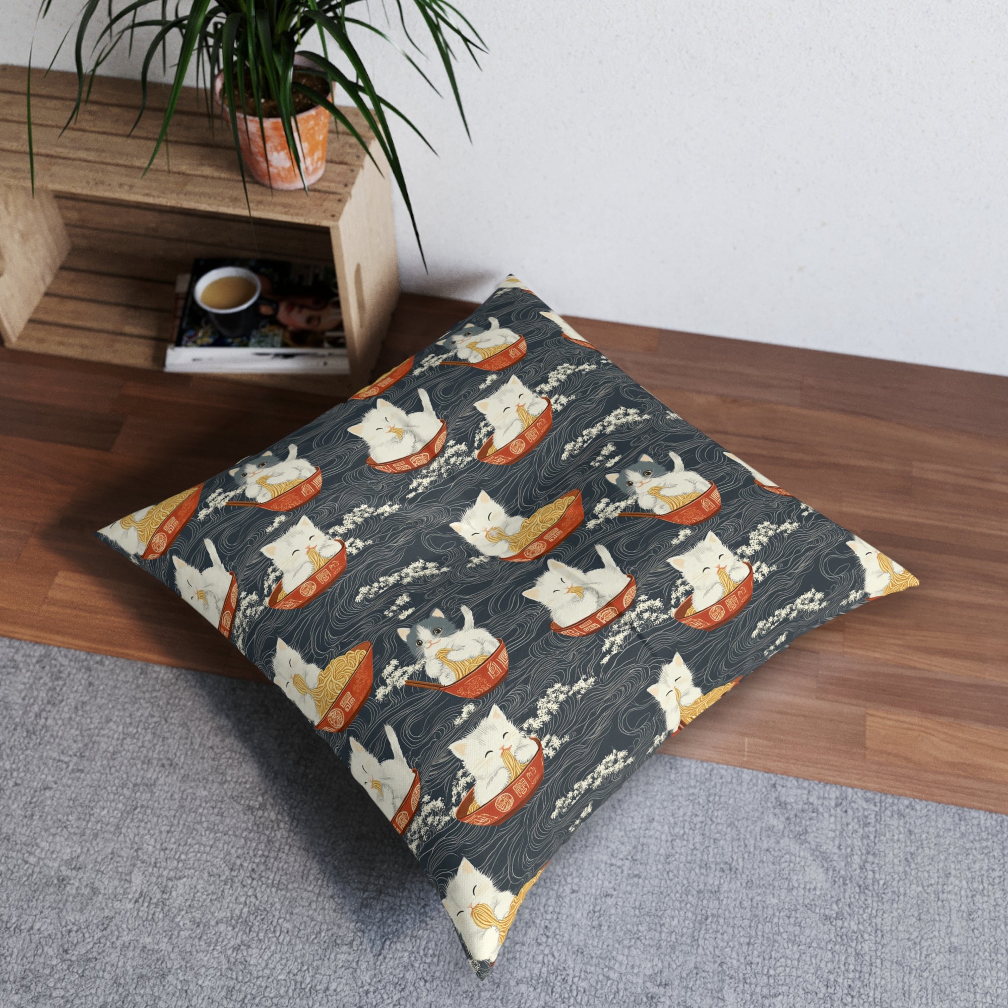 Indoor Square Floor Pillow - An adorable and cute pattern of baby cats happily eating steaming ramen noodles from traditional red and white bowls with beautiful white floral elements surrounding them.