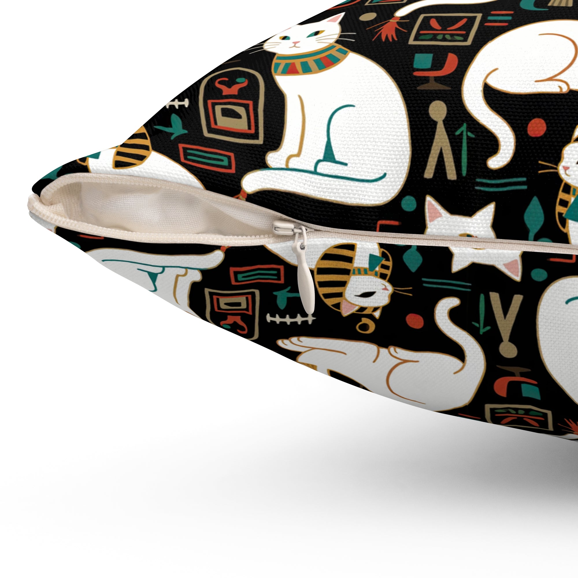 Indoor Square Pillow - Regal White Egyptian Cats with Ornate Collars and Ancient Symbols Adorn this Historically Inspired and Mystical Pattern