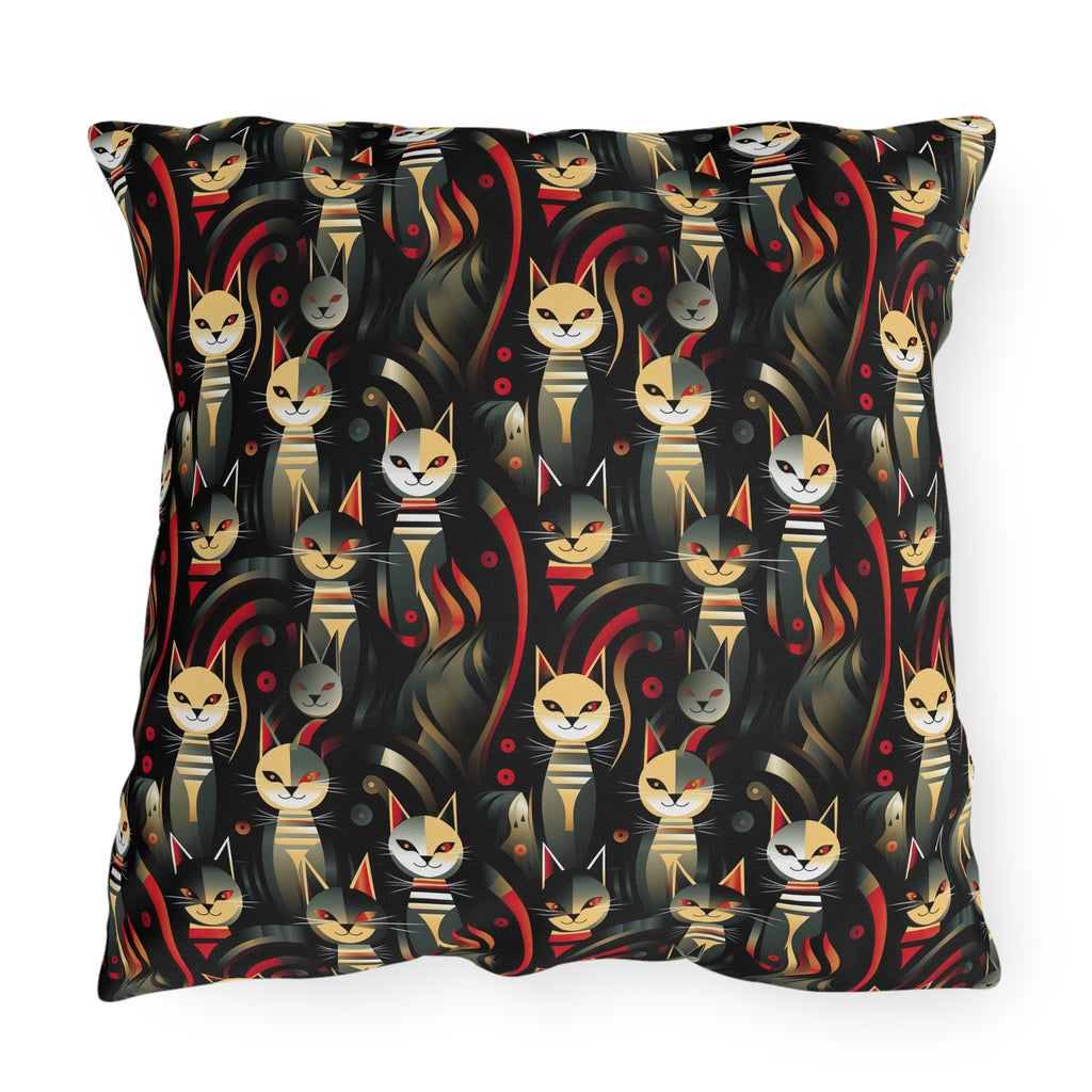 Outdoor Pillow - A bold and striking Art Deco pattern showcasing stylized feline portraits with sharp, gold lines and geometric shapes set against a dark, dramatic background.