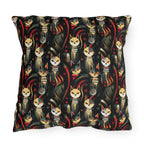 Outdoor Pillow - A bold and striking Art Deco pattern showcasing stylized feline portraits with sharp, gold lines and geometric shapes set against a dark, dramatic background.