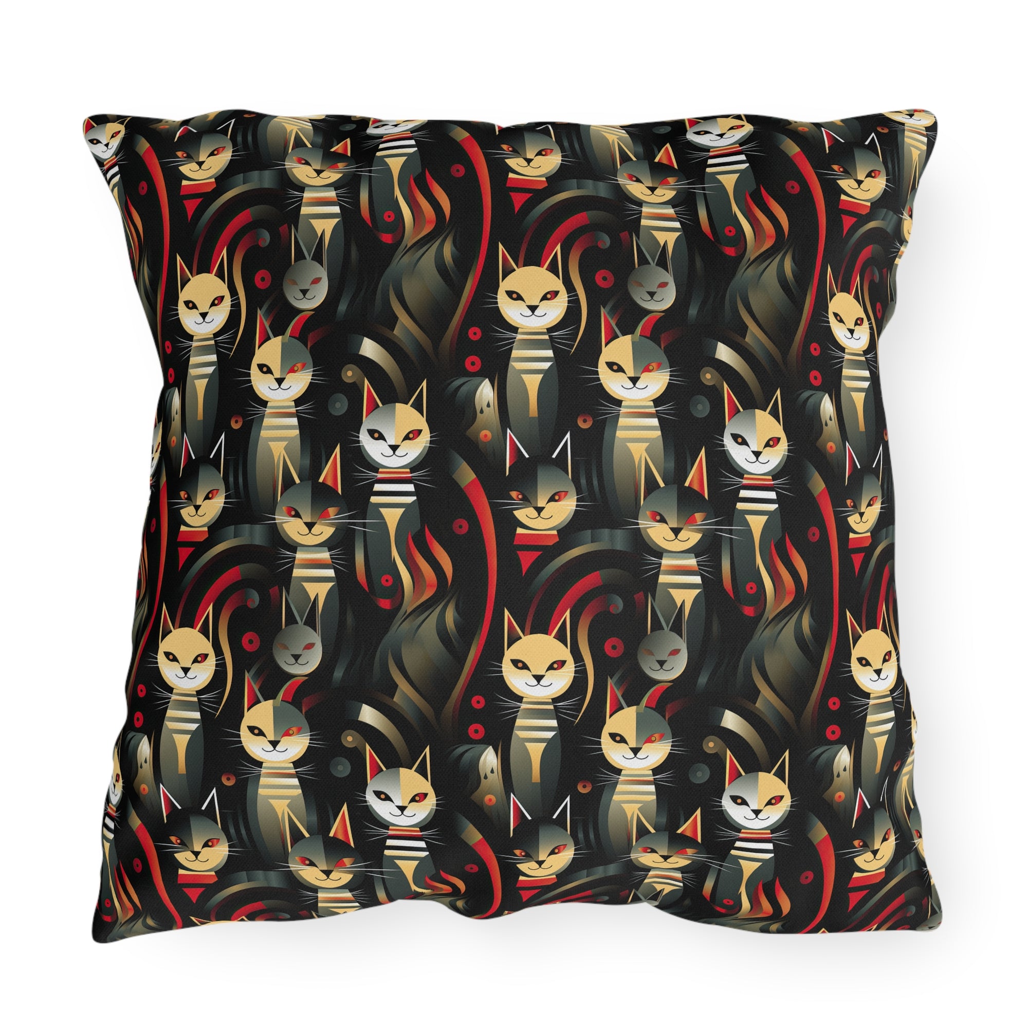 Outdoor Pillow - A bold and striking Art Deco pattern showcasing stylized feline portraits with sharp, gold lines and geometric shapes set against a dark, dramatic background.