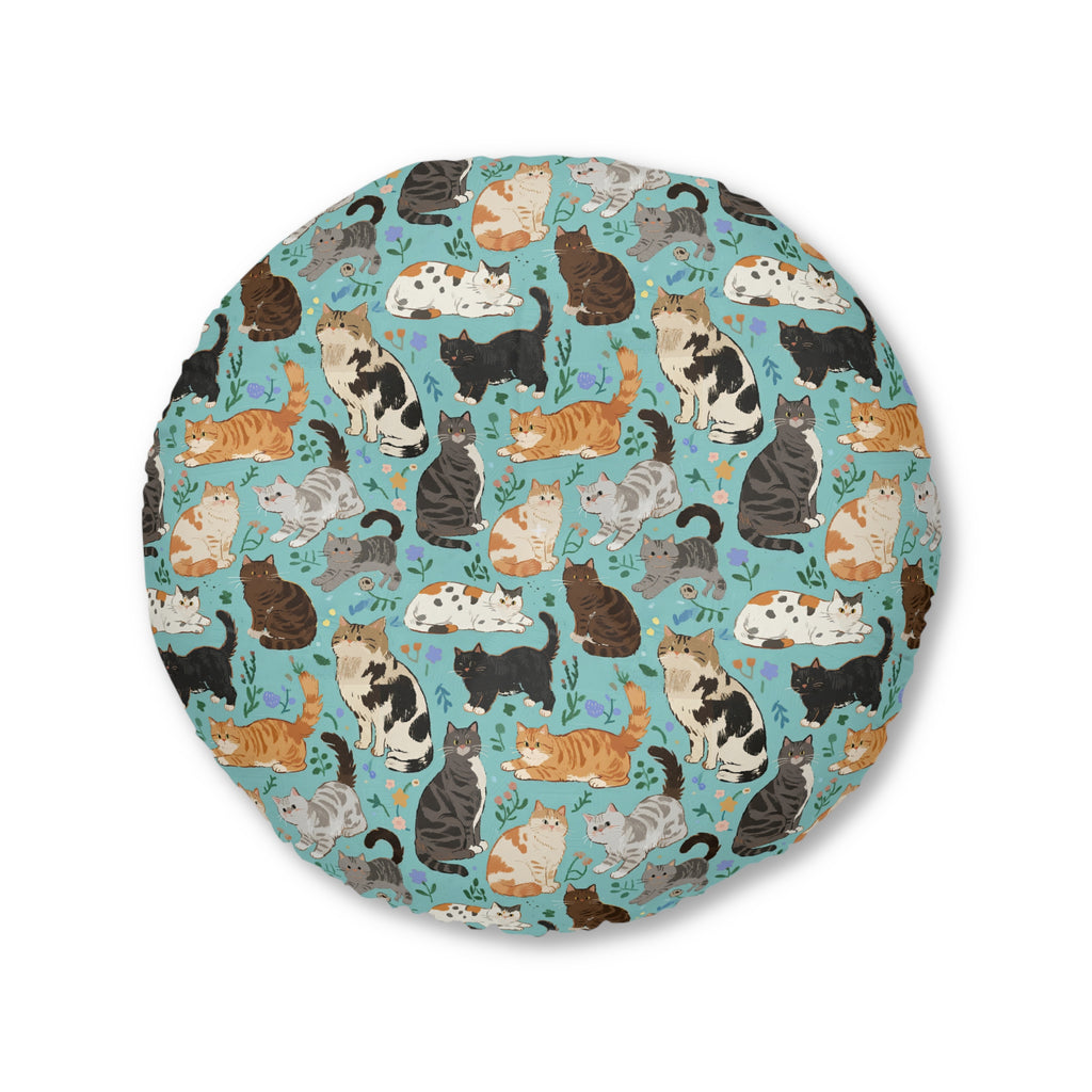 Indoor Round Floor Pillow - A Delightful Assortment of Charming Cats in Diverse Poses and Breeds Scattered Across a Soft Blue Floral Background