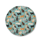 Indoor Round Floor Pillow - A Delightful Assortment of Charming Cats in Diverse Poses and Breeds Scattered Across a Soft Blue Floral Background