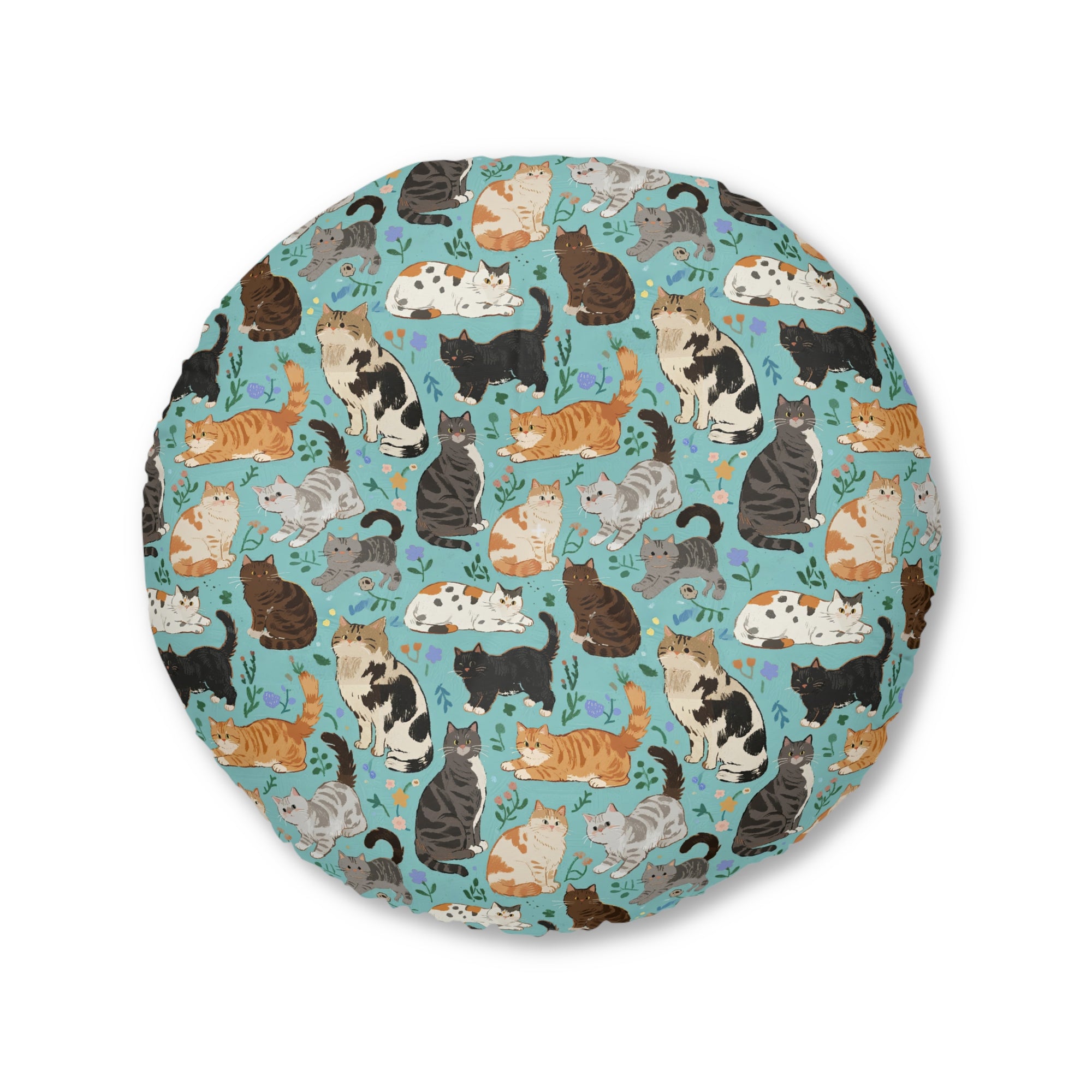 Indoor Round Floor Pillow - A Delightful Assortment of Charming Cats in Diverse Poses and Breeds Scattered Across a Soft Blue Floral Background