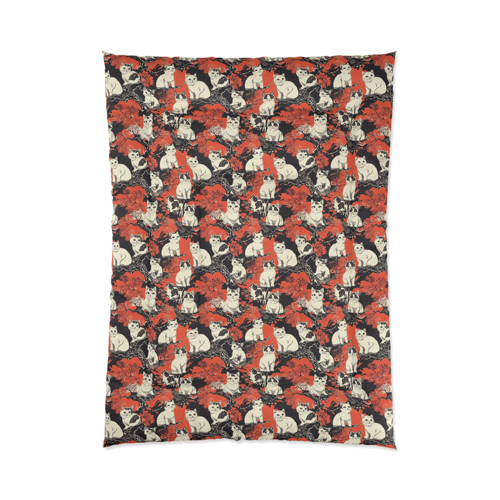 Comforter - A striking black-and-white illustration with red accents of charming cats perched on the branches of trees in a beautiful Japanese woodblock print style.