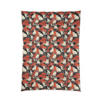 Comforter - A striking black-and-white illustration with red accents of charming cats perched on the branches of trees in a beautiful Japanese woodblock print style.