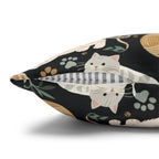 Square Pillowcase - Diverse cats and kittens in a dark garden, various breeds and colors, soft natural tones with foliage and paw prints, charming animal illustration, dark background, gentle pet themed art