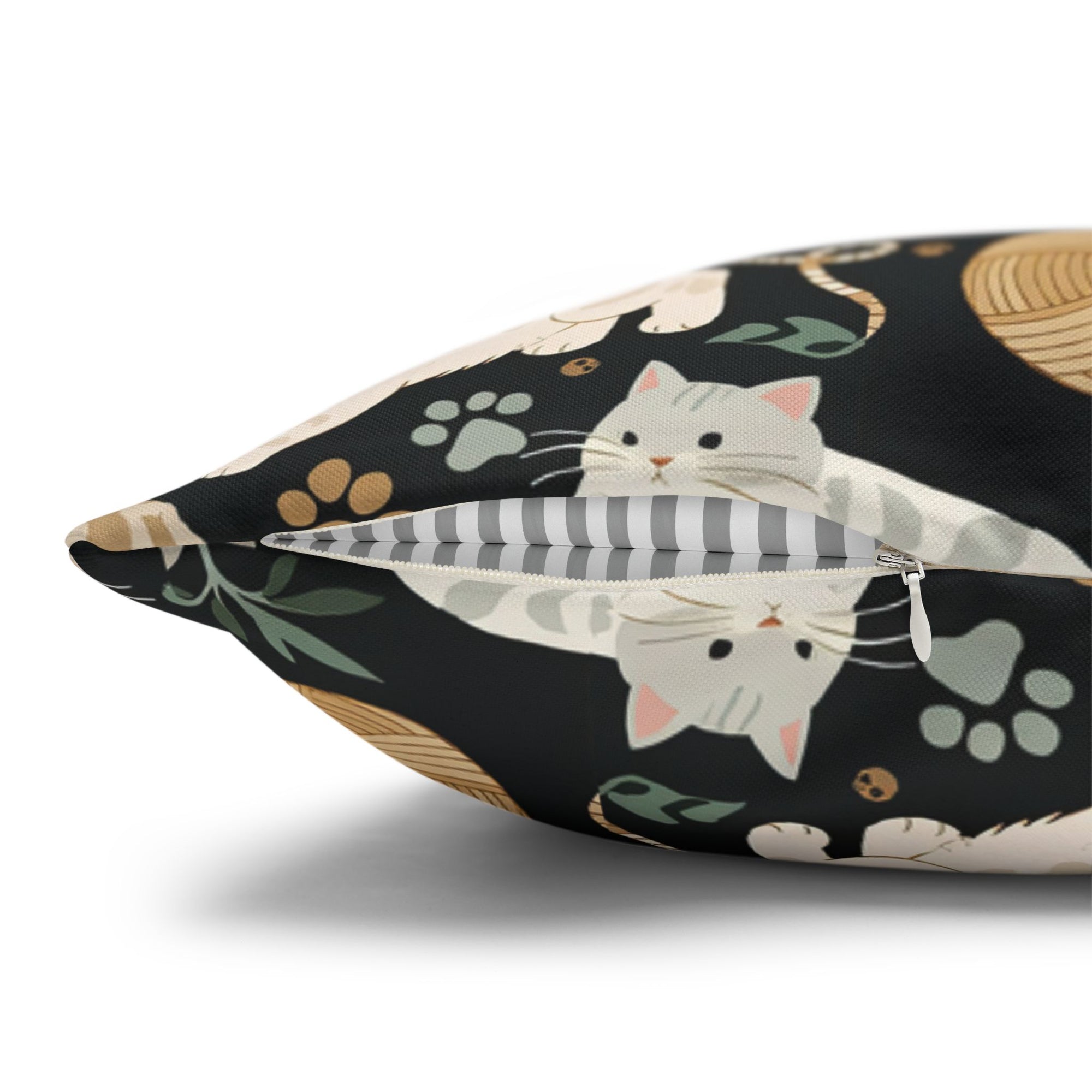 Square Pillowcase - Diverse cats and kittens in a dark garden, various breeds and colors, soft natural tones with foliage and paw prints, charming animal illustration, dark background, gentle pet themed art