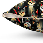 Indoor Square Pillow - A bold and striking Art Deco pattern showcasing stylized feline portraits with sharp, gold lines and geometric shapes set against a dark, dramatic background.