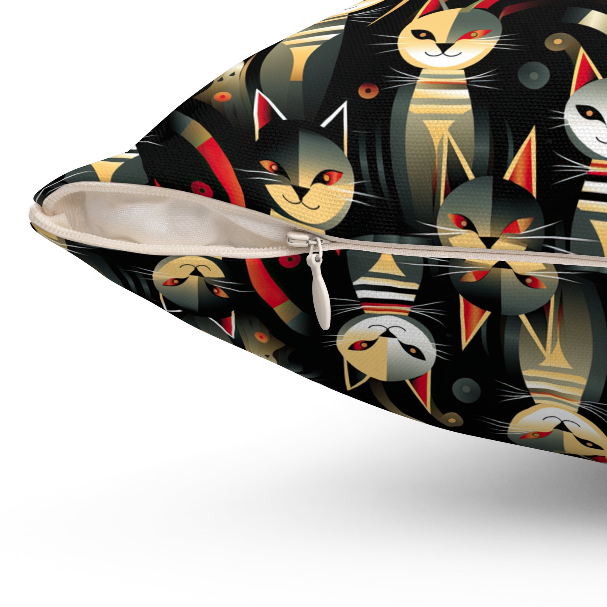 Indoor Square Pillow - A bold and striking Art Deco pattern showcasing stylized feline portraits with sharp, gold lines and geometric shapes set against a dark, dramatic background.