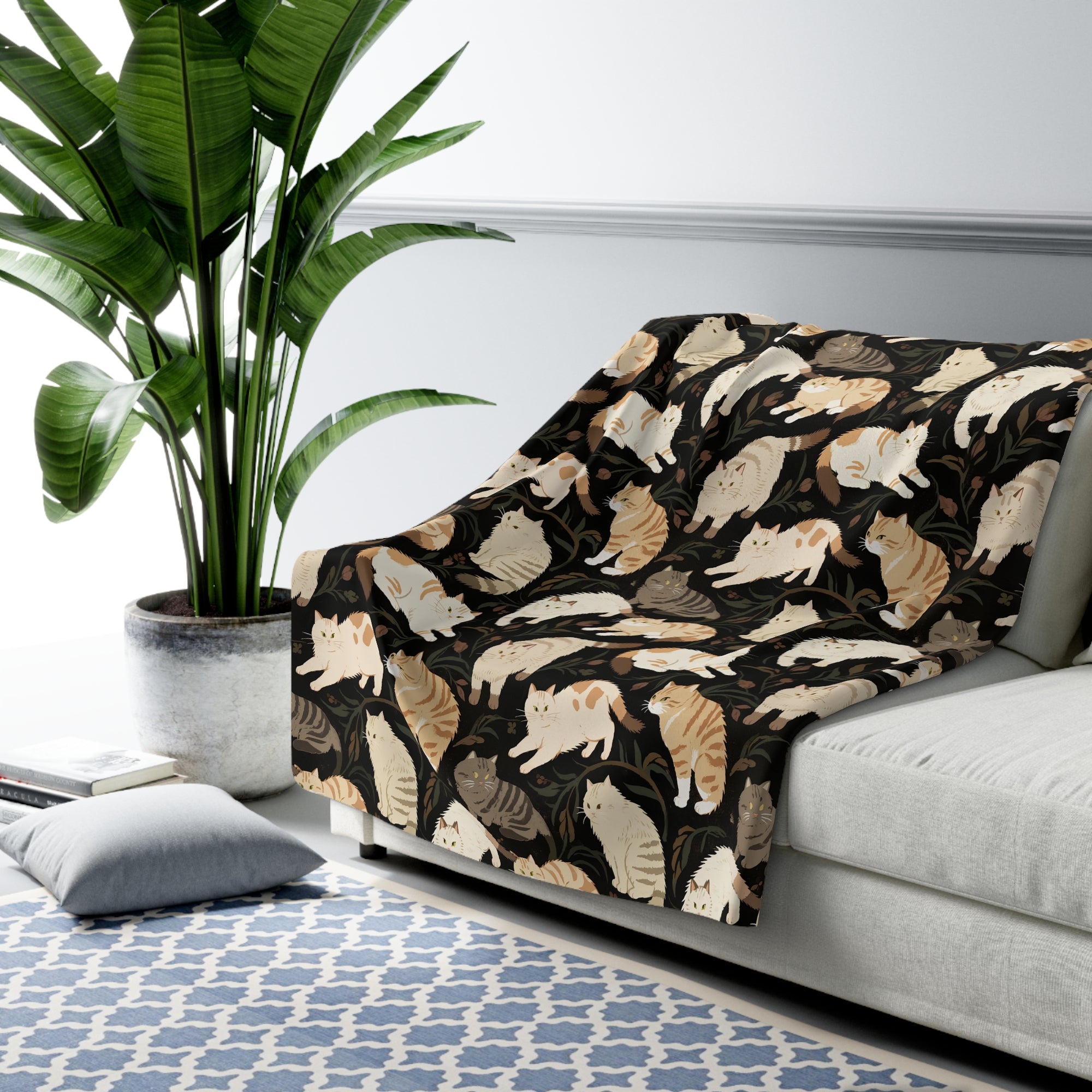 Sherpa Blanket - Earthy Toned Cats Lounge and Play Amidst Dark Foliage in a Serene and Naturally Inspired Seamless Pattern Design