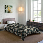 Comforter - Grey and White Kittens with Creamy White Flowers and Dark Green Foliage, Elegant Vintage Vibe