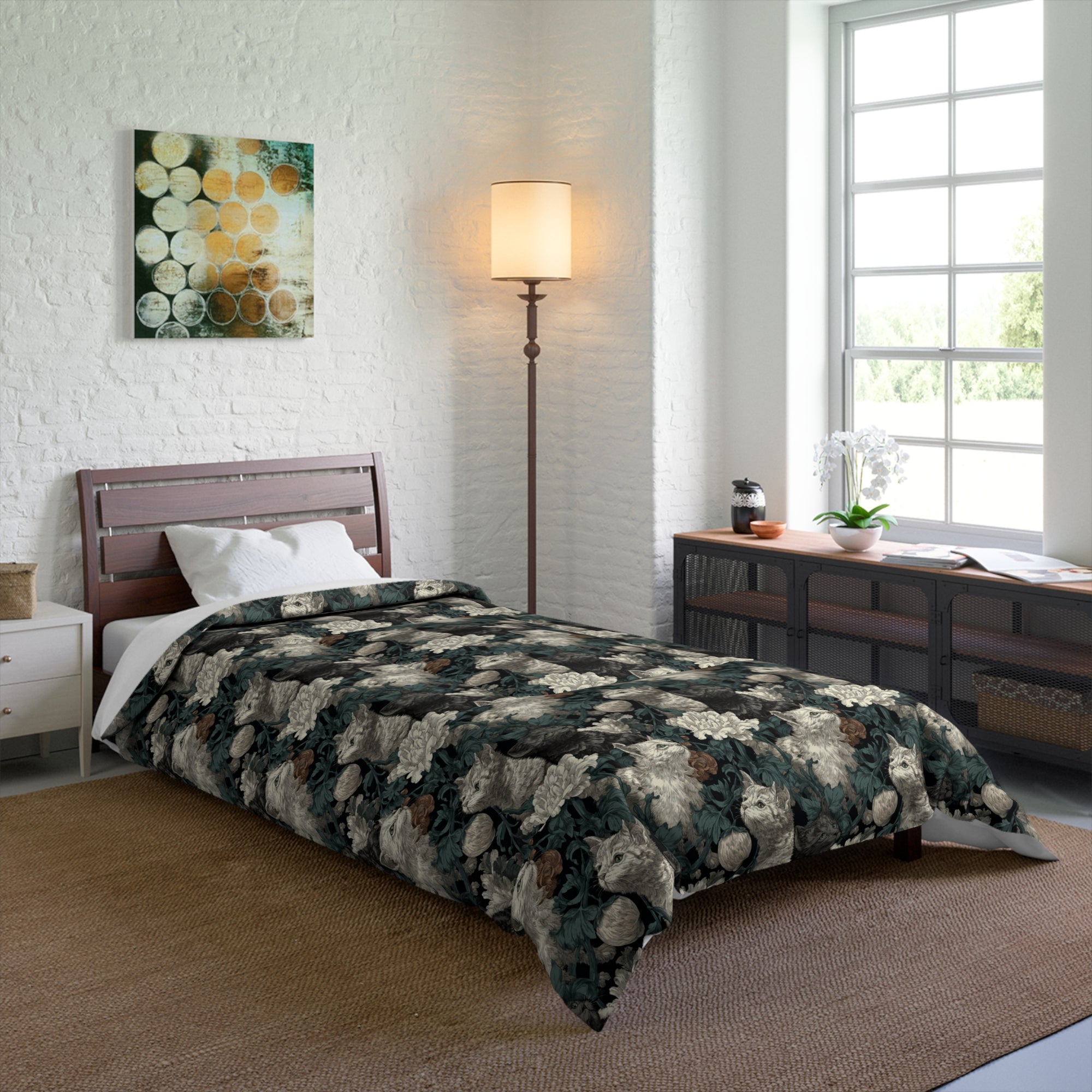 Comforter - Grey and White Kittens with Creamy White Flowers and Dark Green Foliage, Elegant Vintage Vibe