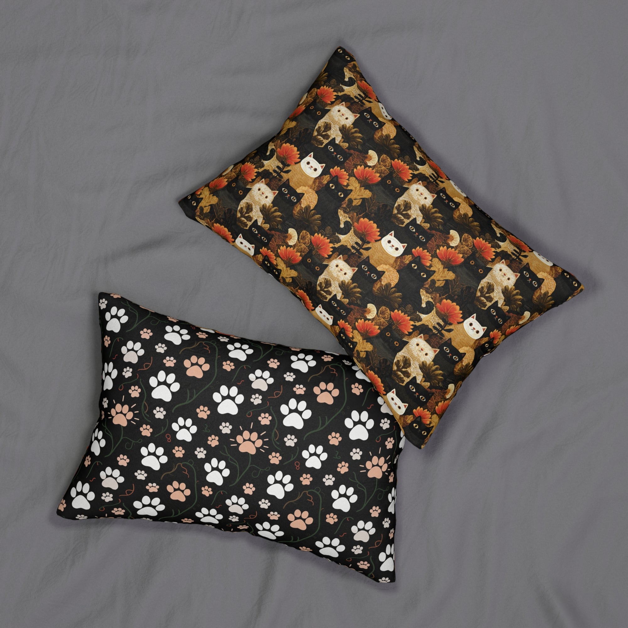 Indoor Lumbar Pillow - A dark and fantastical illustrative painting of many different cats and plants, creating a dense, mysterious, and golden jungle or forest scene.