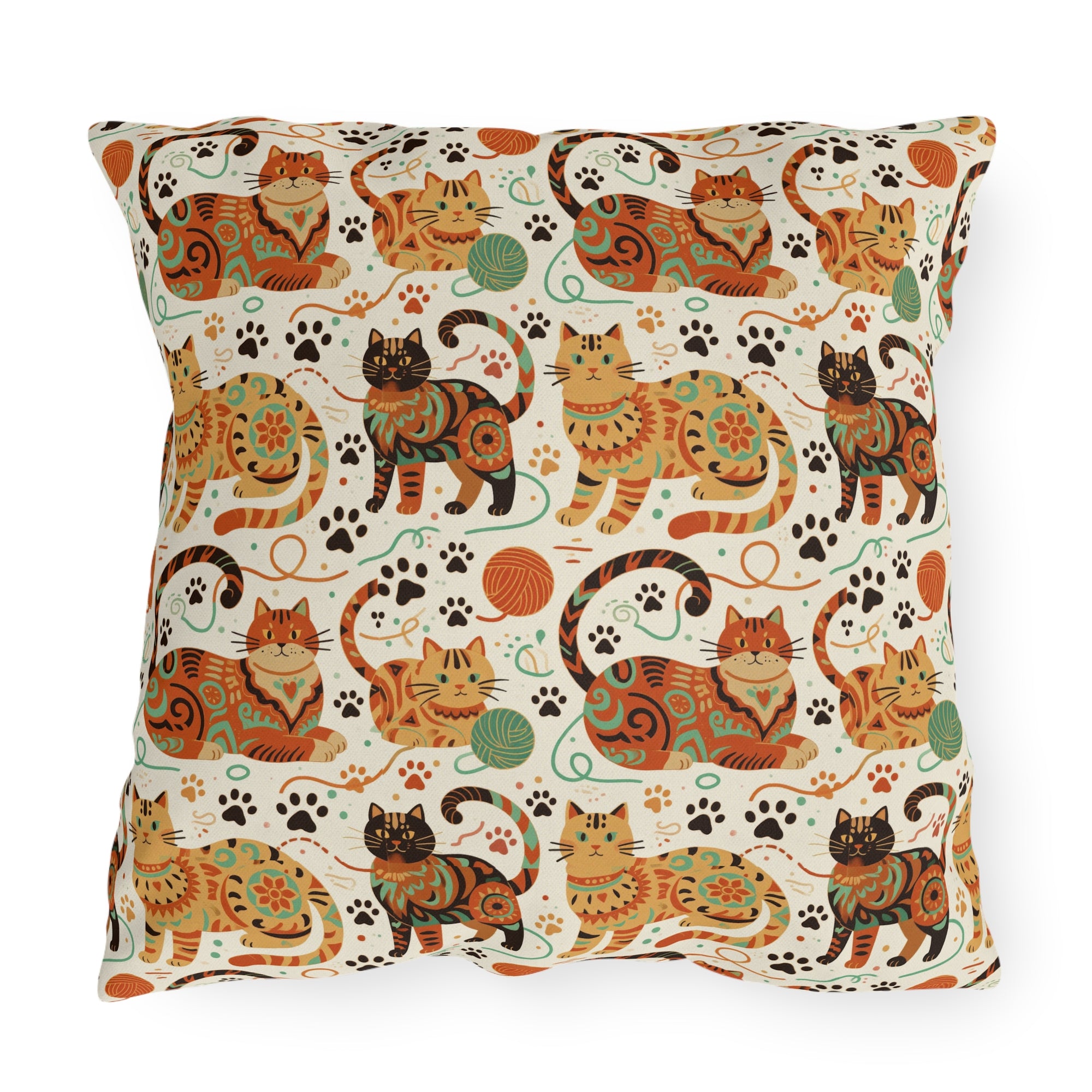 Outdoor Pillow - Colorful folk art patterned cats, vibrant orange and teal hues, playful felines with yarn and paw prints, bohemian animal illustration, cream background, artistic and cheerful design