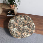 Indoor Round Floor Pillow - Peach and White Kittens in Dark Floral Garden, Vintage Style, Sweet and Charming Scene