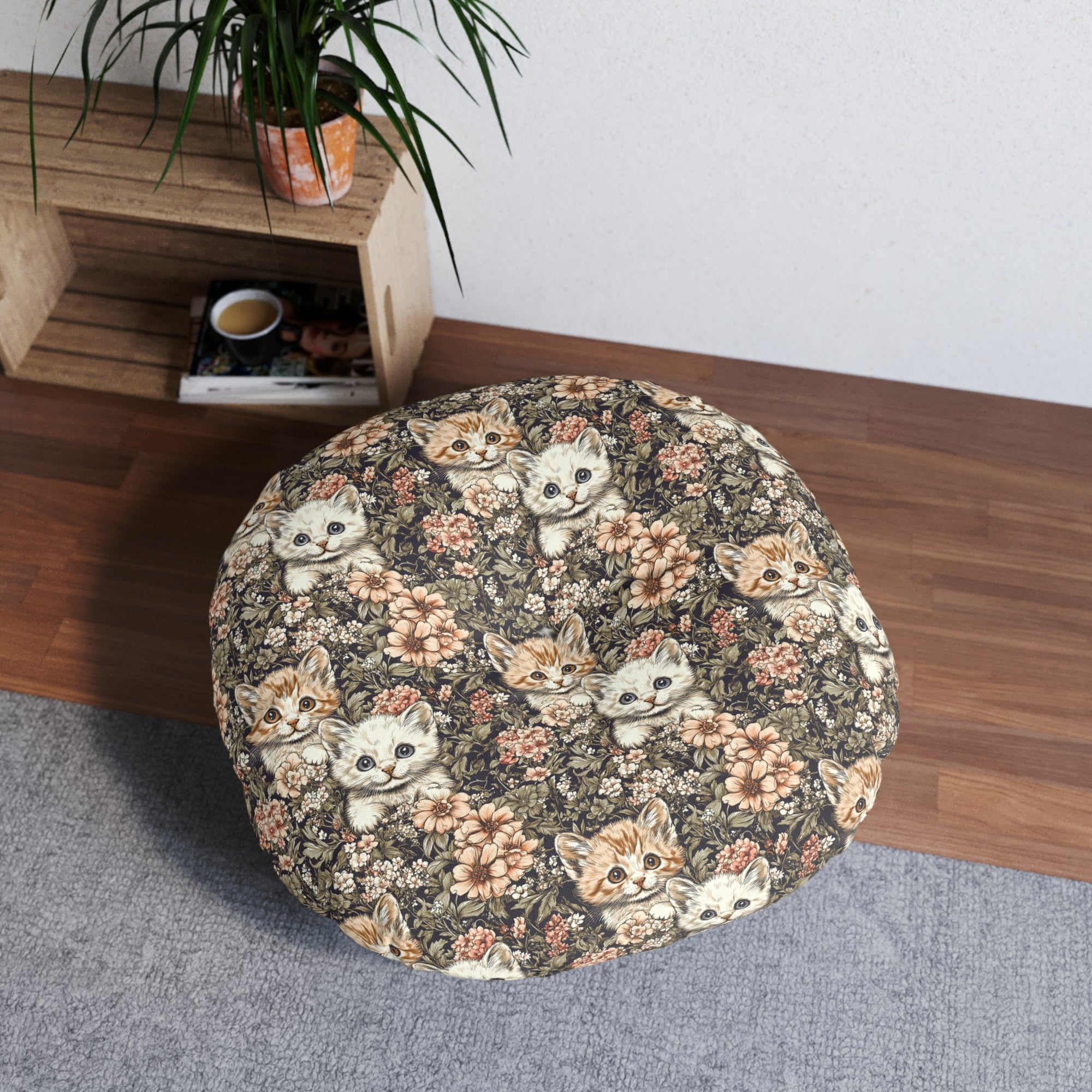 Indoor Round Floor Pillow - Peach and White Kittens in Dark Floral Garden, Vintage Style, Sweet and Charming Scene