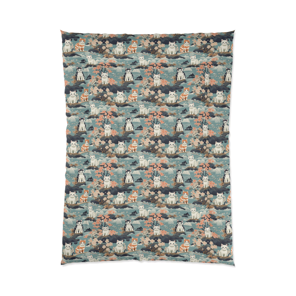 Comforter - A serene watercolor painting of fluffy cats lounging on rocks, surrounded by cherry blossoms and blue water, in a tranquil, nature-filled, Japanese-inspired landscape.