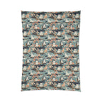 Comforter - A serene watercolor painting of fluffy cats lounging on rocks, surrounded by cherry blossoms and blue water, in a tranquil, nature-filled, Japanese-inspired landscape.
