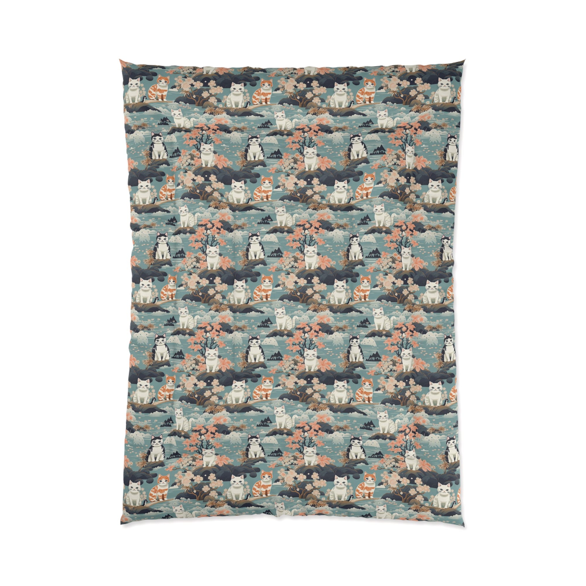 Comforter - A serene watercolor painting of fluffy cats lounging on rocks, surrounded by cherry blossoms and blue water, in a tranquil, nature-filled, Japanese-inspired landscape.