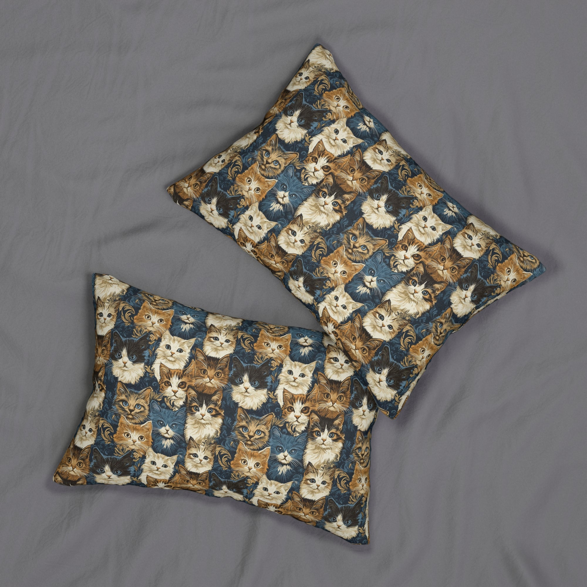 Indoor Lumbar Pillow - Blue Eyed Cats with Brown and White Fur on a Deep Blue Damask Background