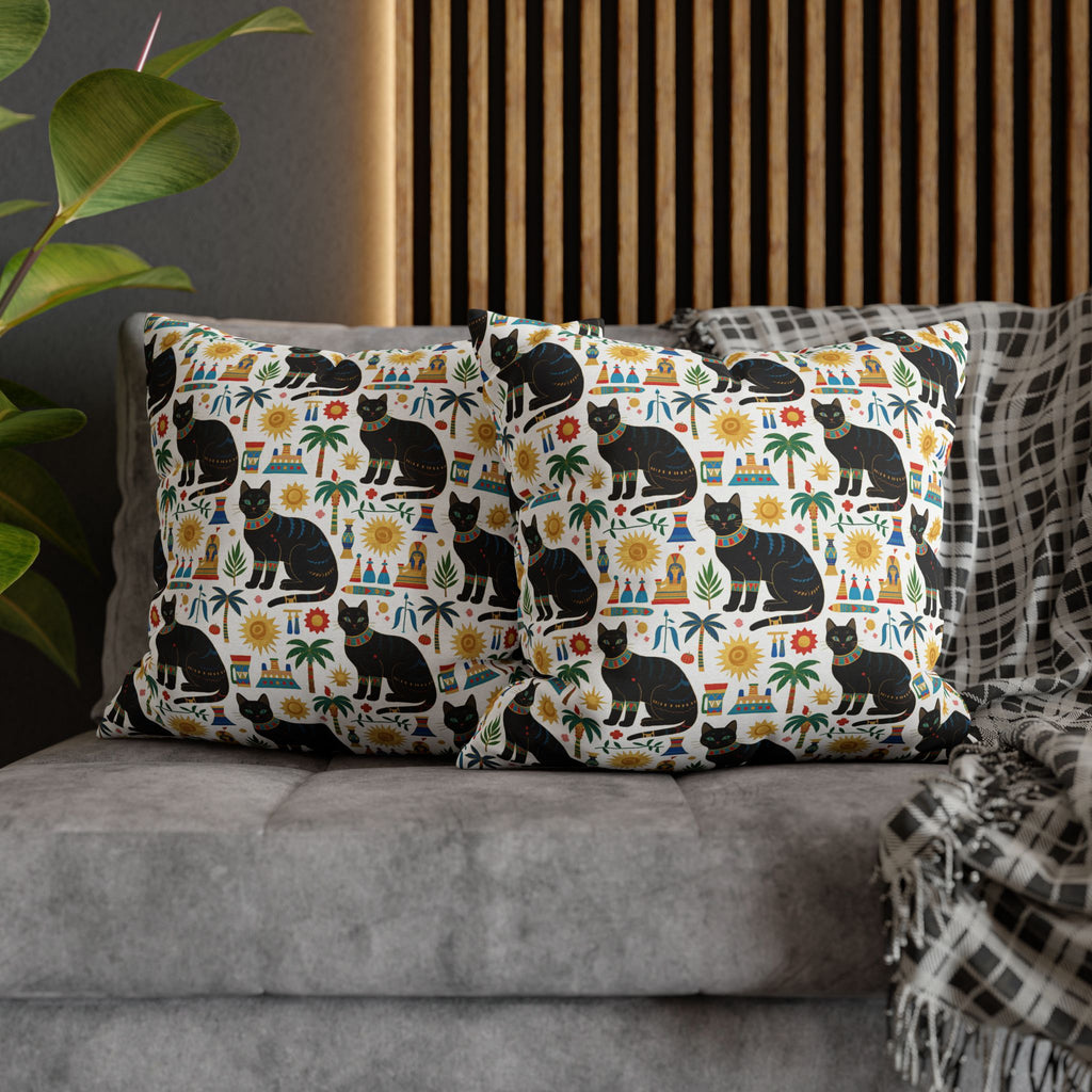 Square Pillowcase - Majestic Black Egyptian Cats with Vibrant Adornments and Desert Motifs Create a Striking and Culturally Rich Design