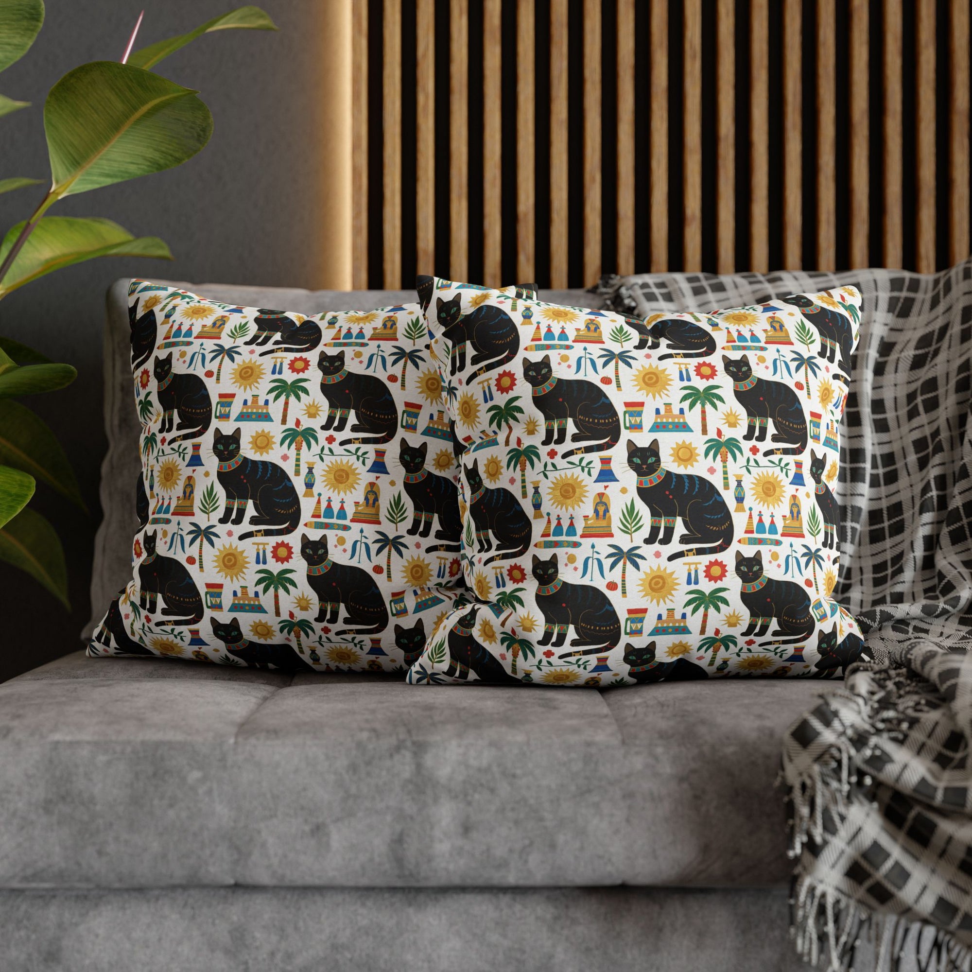 Square Pillowcase - Majestic Black Egyptian Cats with Vibrant Adornments and Desert Motifs Create a Striking and Culturally Rich Design